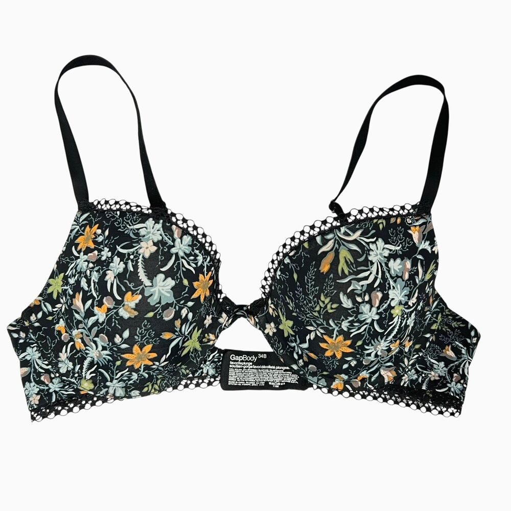 Gap Body Favorite Plunge Underwire Lined Demi Bra Size 34B Black Floral